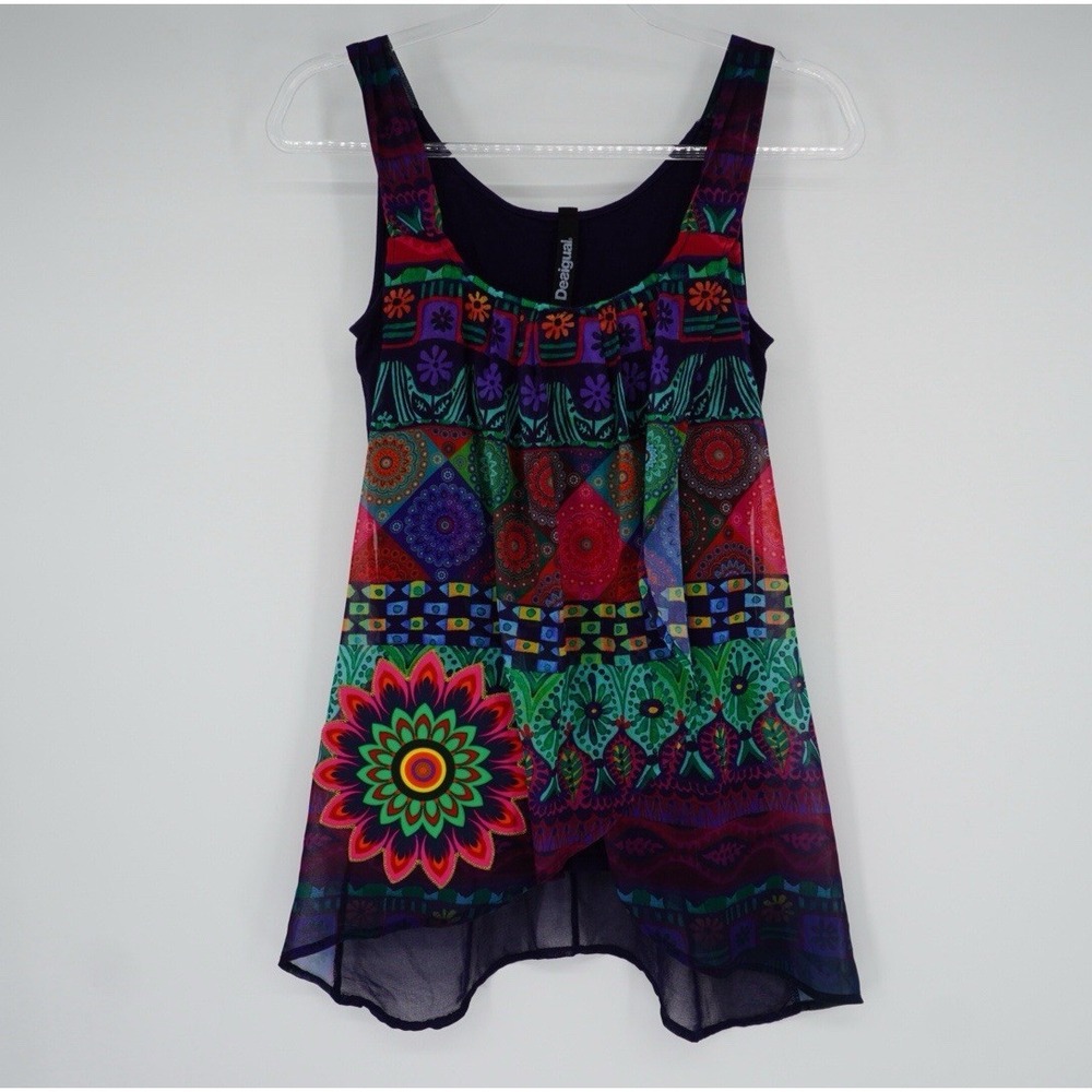 DESIGUAL Colorful Tank Tunic Boho Hippie Festival Handkerchief Hem Size Small